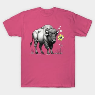 Buffalo in love with flower western American west animal T-Shirt